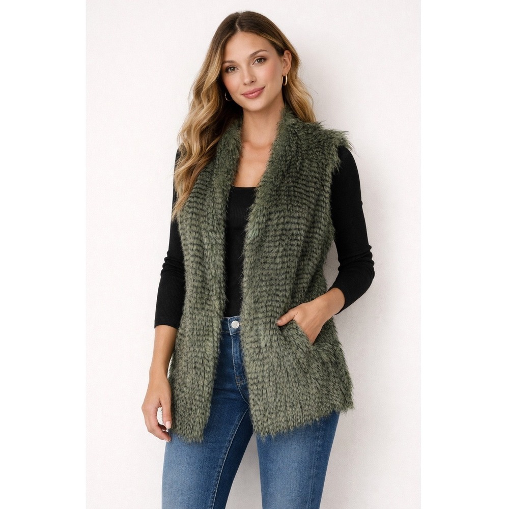 Via Spiga Faux Fur Feather Vest‎ Women XS Olive Green Open Front Outdoor Chic